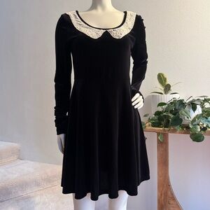 Forever 21 Y2K Velour Black Skater Dress with White Lace Crochet Collar
